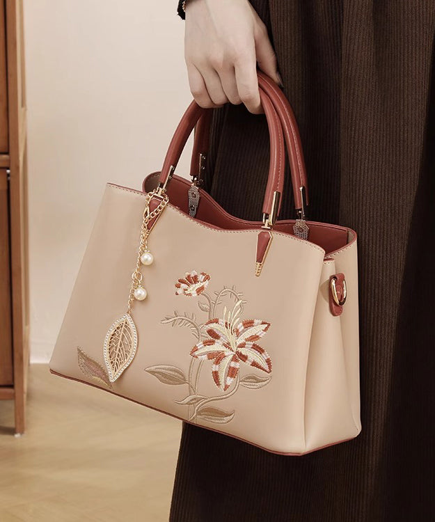 Embroidery Tote Calf Leather Apricot Bag Chic