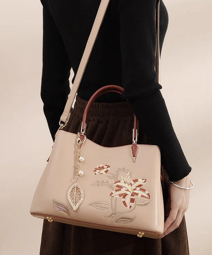 Embroidery Tote Calf Leather Apricot Bag Chic