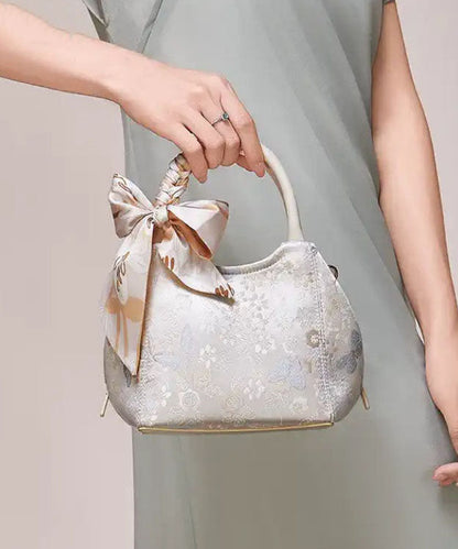 Tote Beige Bow Bag Chic Jacquard Cotton