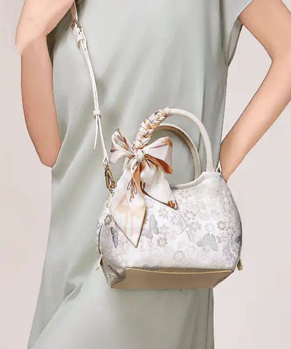 Tote Beige Bow Bag Chic Jacquard Cotton