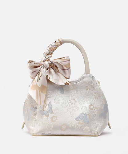 Tote Beige Bow Bag Chic Jacquard Cotton