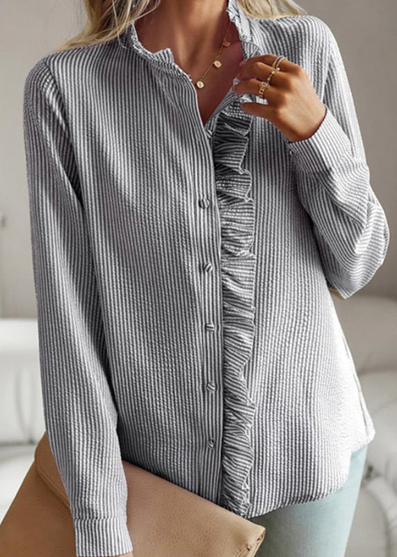 Sleeve Ruffled Lantern Collar Stand Shirts Black Chic