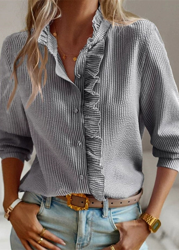 Sleeve Ruffled Lantern Collar Stand Shirts Black Chic