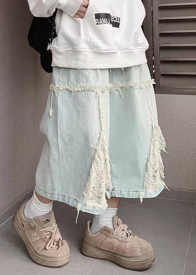 Chic Blue Hole Elastic Waist Denim Men Shorts Summer