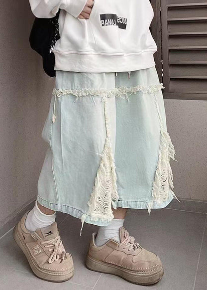 Chic Blue Hole Elastic Waist Denim Men Shorts Summer