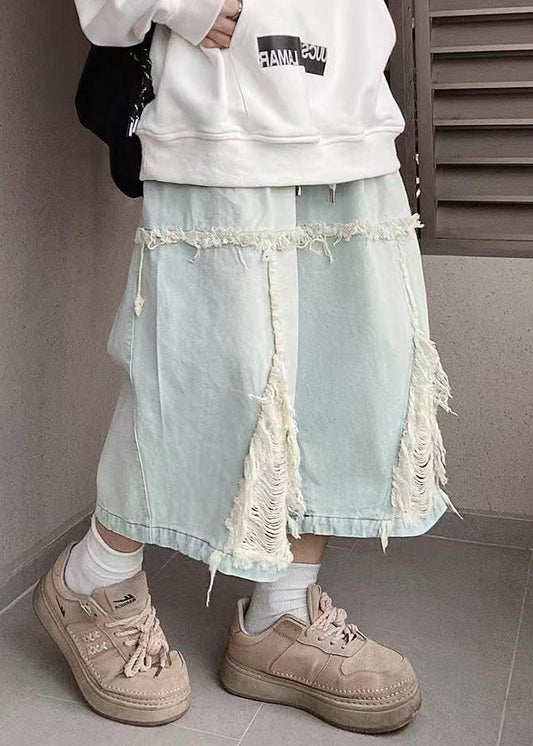 Chic Blue Hole Elastic Waist Denim Men Shorts Summer