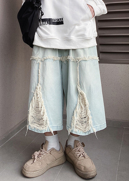 Chic Blue Hole Elastic Waist Denim Men Shorts Summer
