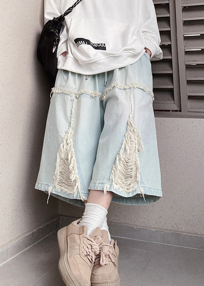 Chic Blue Hole Elastic Waist Denim Men Shorts Summer