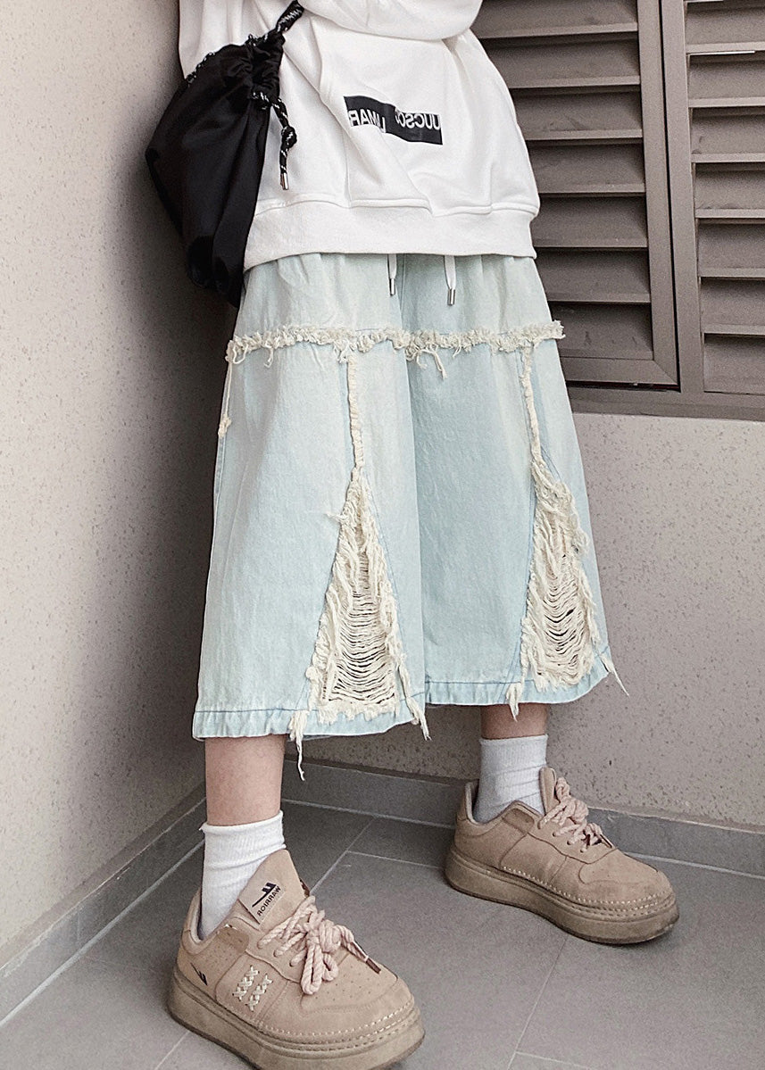 Chic Blue Hole Elastic Waist Denim Men Shorts Summer