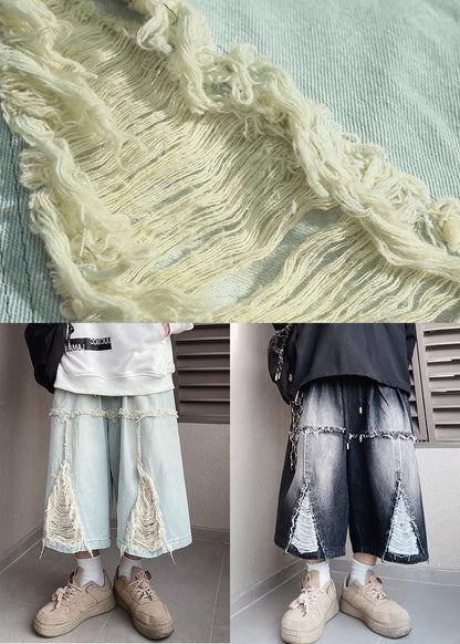 Chic Blue Hole Elastic Waist Denim Men Shorts Summer