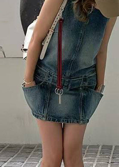 Chic Blue O-Neck Patchwork Sashes Denim Mid Dress Sleeveless