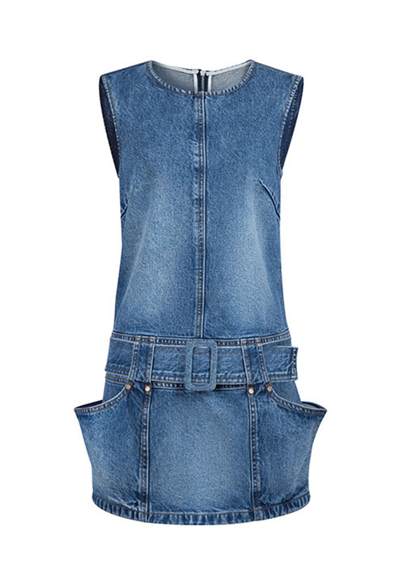 Chic Blue O-Neck Patchwork Sashes Denim Mid Dress Sleeveless