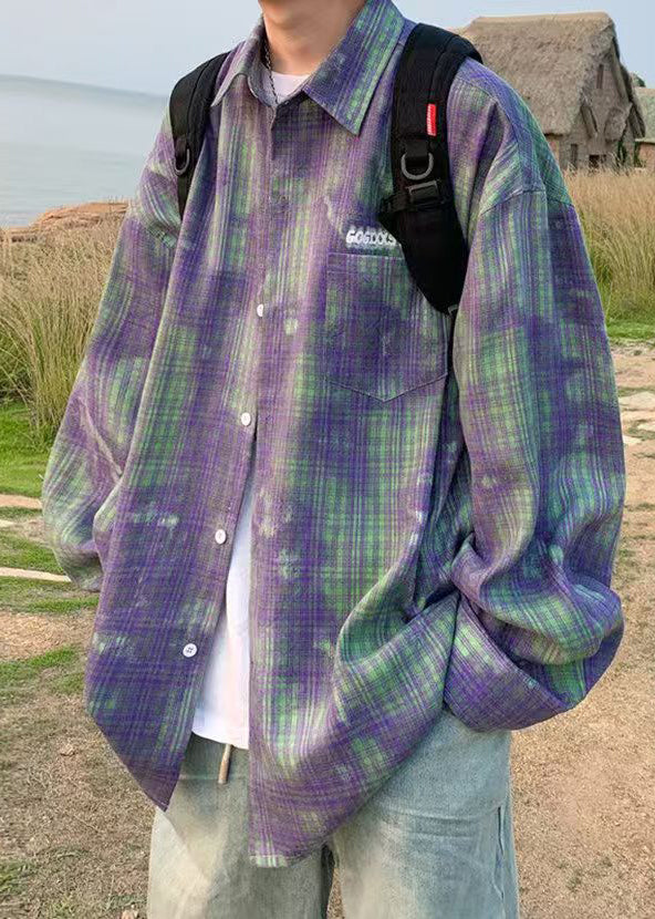 Chic Green Tie Dye Plaid Oversized Cotton Men's Shirts Spring