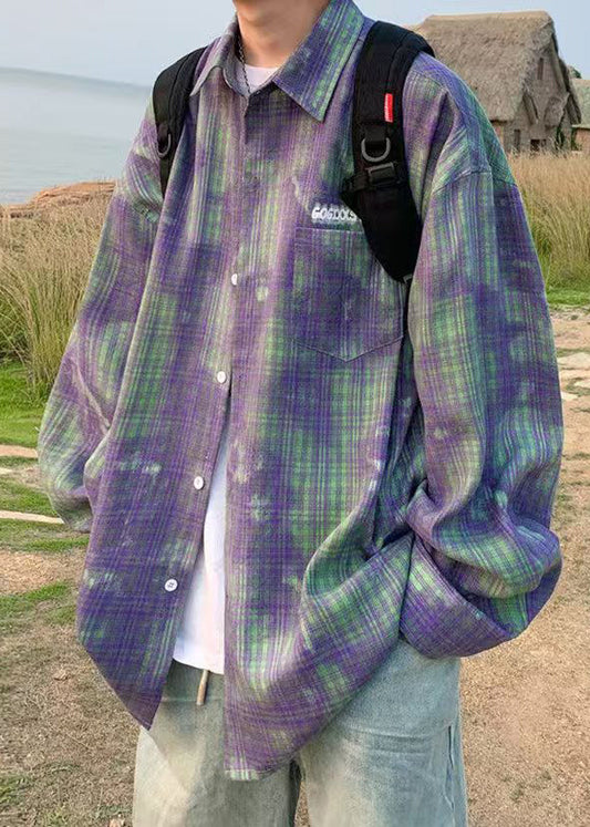 Chic Green Tie Dye Plaid Oversized Cotton Men's Shirts Spring