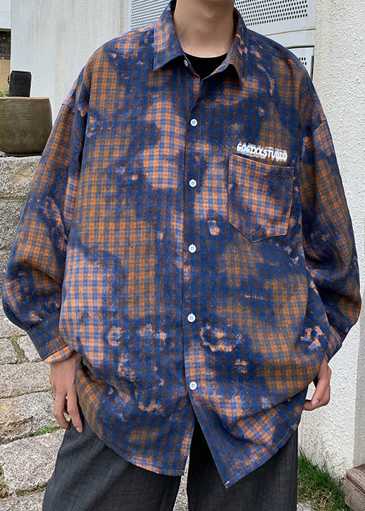 Chic Green Tie Dye Plaid Oversized Cotton Men's Shirts Spring