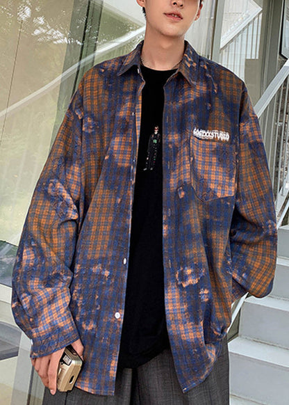 Chic Green Tie Dye Plaid Oversized Cotton Men's Shirts Spring