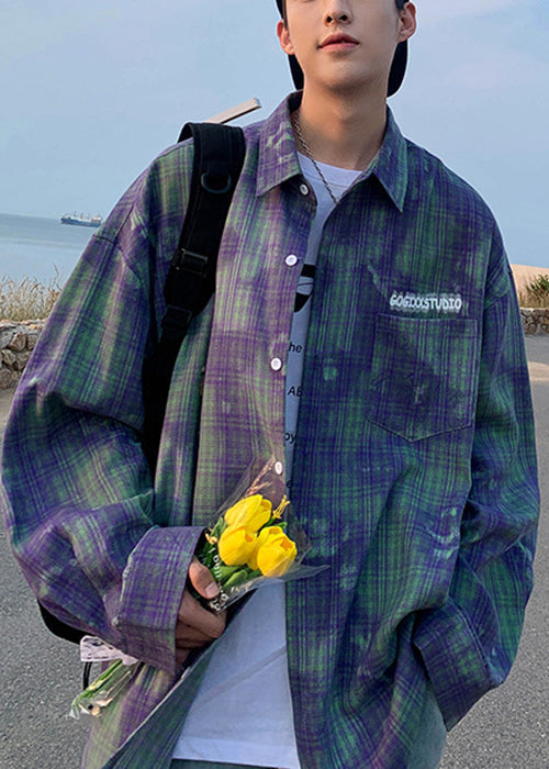 Chic Green Tie Dye Plaid Oversized Cotton Men's Shirts Spring