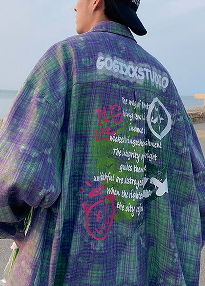 Chic Green Tie Dye Plaid Oversized Cotton Men's Shirts Spring