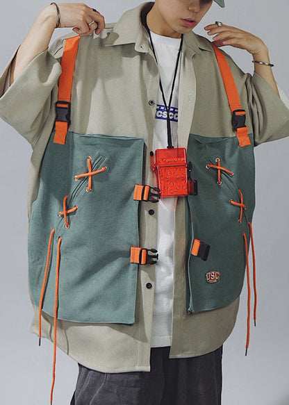 Chic Khaki Lace Up Patchwork Cotton Men T Shirts Half Sleeve