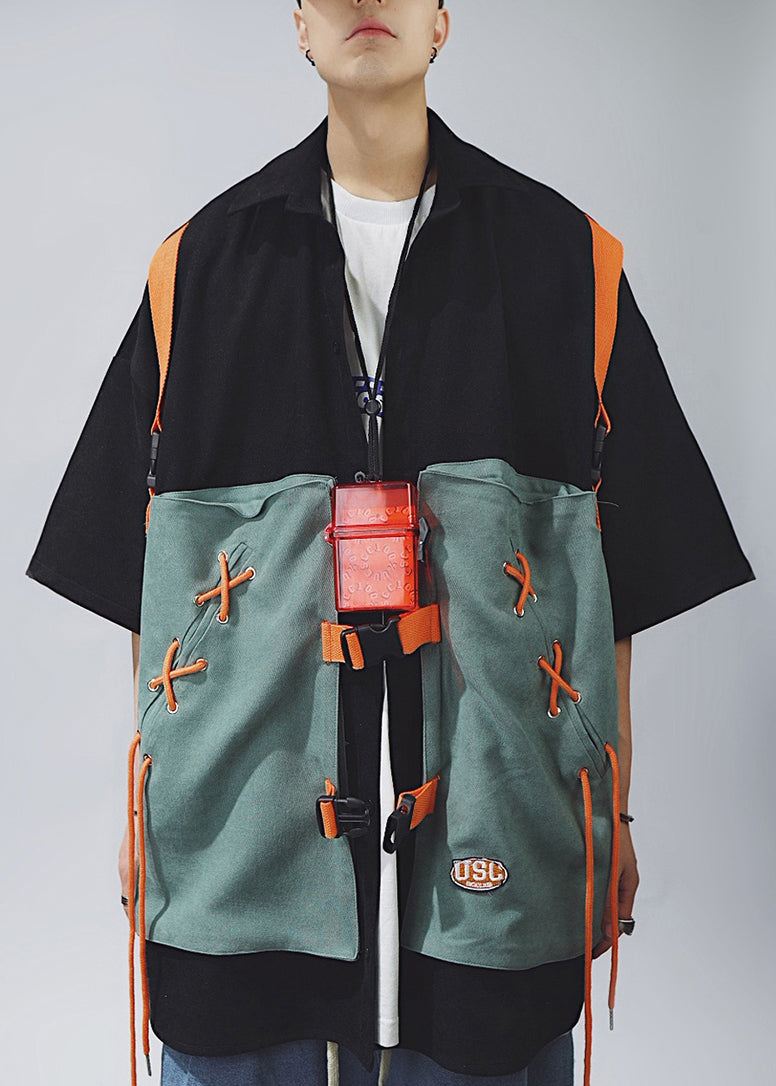 Chic Khaki Lace Up Patchwork Cotton Men T Shirts Half Sleeve