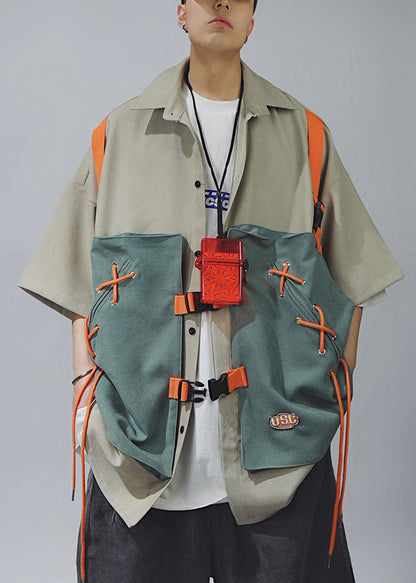 Chic Khaki Lace Up Patchwork Cotton Men T Shirts Half Sleeve