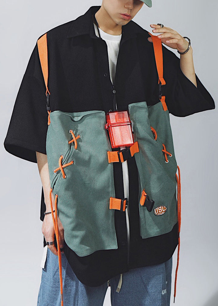 Chic Khaki Lace Up Patchwork Cotton Men T Shirts Half Sleeve