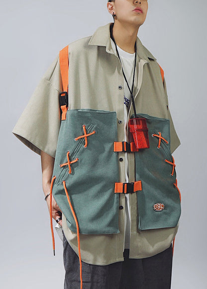 Chic Khaki Lace Up Patchwork Cotton Men T Shirts Half Sleeve