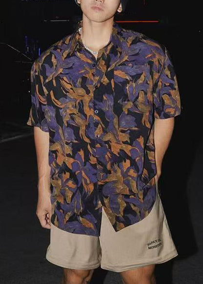 Chic Peter Pan Collar Print Cotton Shirt Men Summer