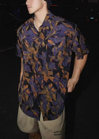 Chic Peter Pan Collar Print Cotton Shirt Men Summer