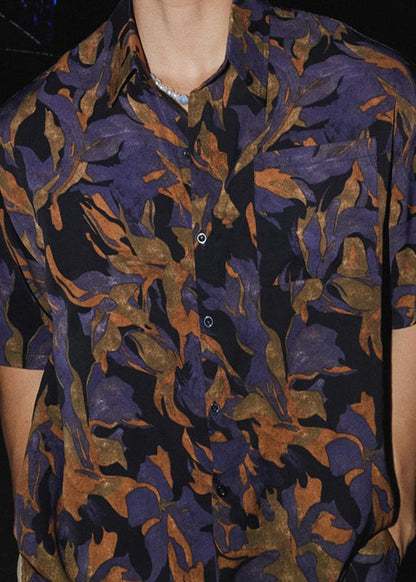 Chic Peter Pan Collar Print Cotton Shirt Men Summer