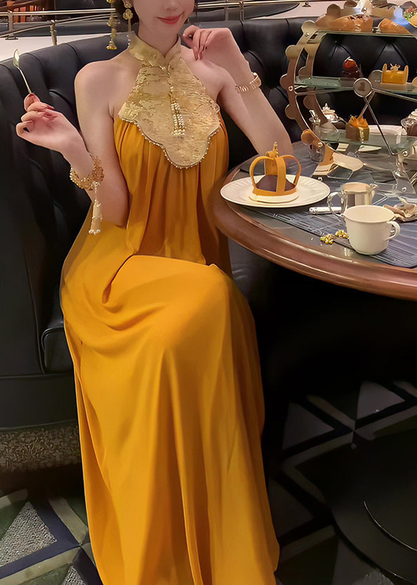 Chinese Style Yellow Stand Collar Patchwork Long Dress Summer