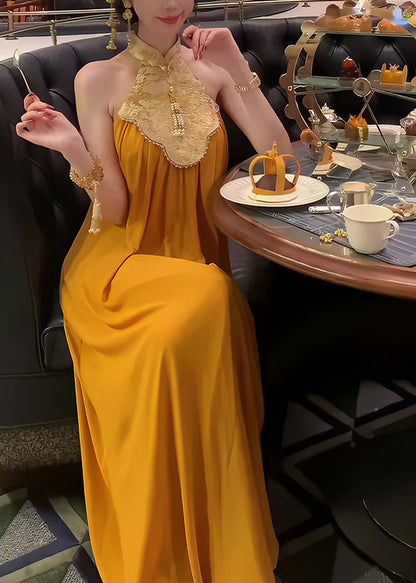 Chinese Style Yellow Stand Collar Patchwork Long Dress Summer