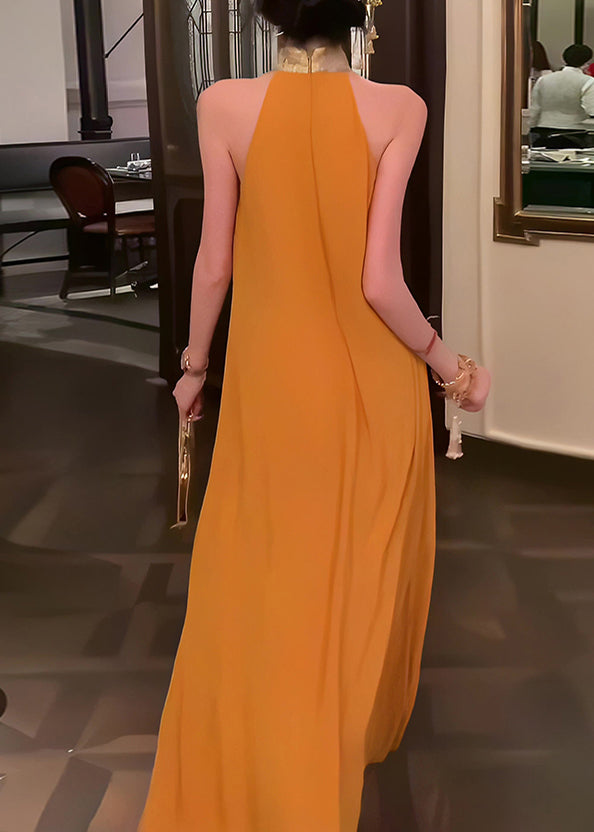 Chinese Style Yellow Stand Collar Patchwork Long Dress Summer