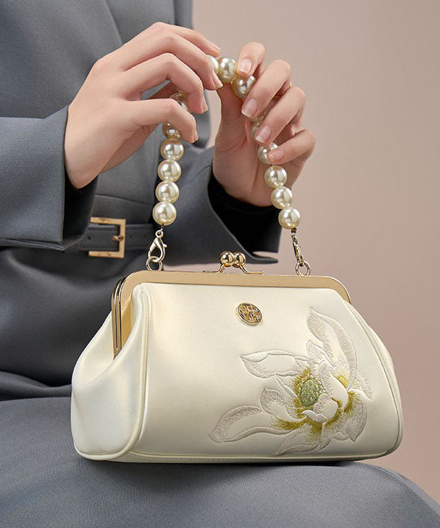 Chinese Embroidered White Pearl Handbag Crossbody Cowhide