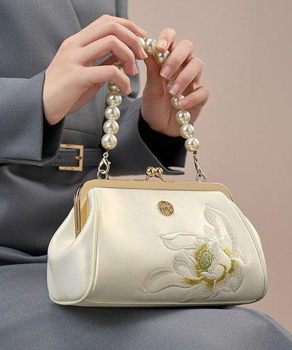 Chinese Embroidered White Pearl Handbag Crossbody Cowhide