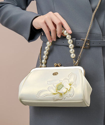 Chinese Embroidered White Pearl Handbag Crossbody Cowhide