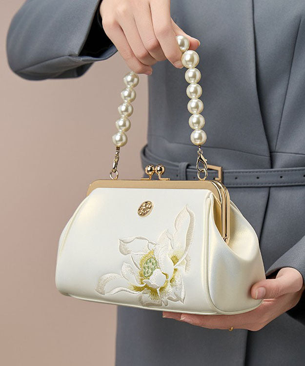 Chinese Embroidered White Pearl Handbag Crossbody Cowhide