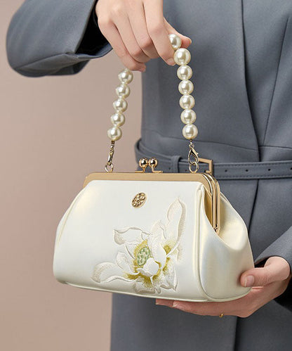 Chinese Embroidered White Pearl Handbag Crossbody Cowhide