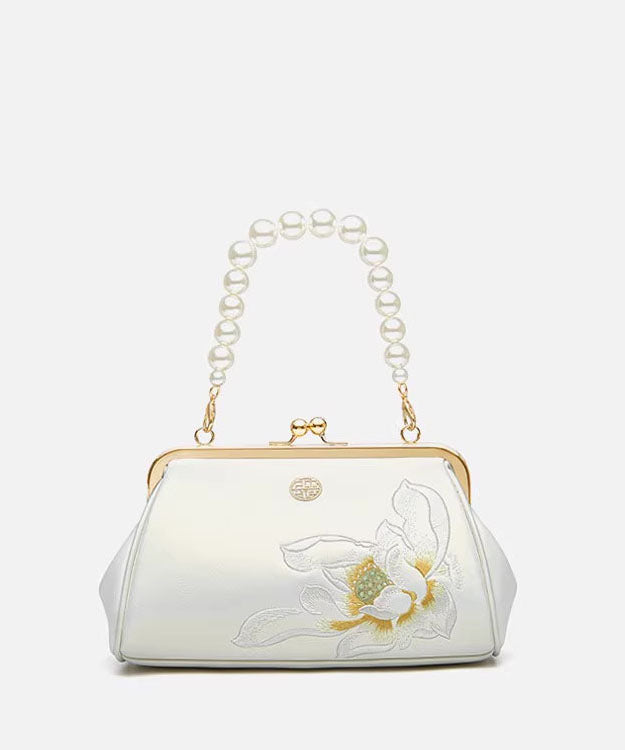 Chinese Embroidered White Pearl Handbag Crossbody Cowhide