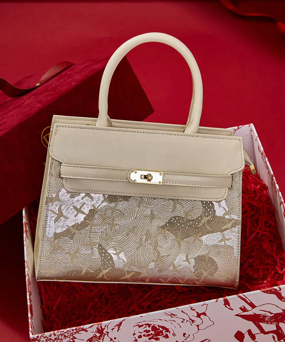 Bag Faux Micro Beige Leather Embroidered Classy