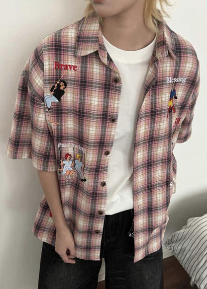 Classy Blue Plaid Print Button Cotton Men's Shirts Half Sleeve