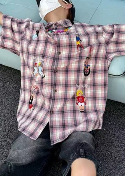 Classy Blue Plaid Print Button Cotton Men's Shirts Half Sleeve