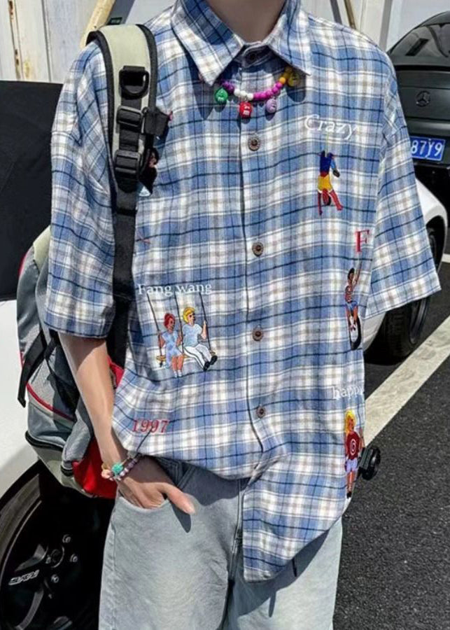 Classy Blue Plaid Print Button Cotton Men's Shirts Half Sleeve