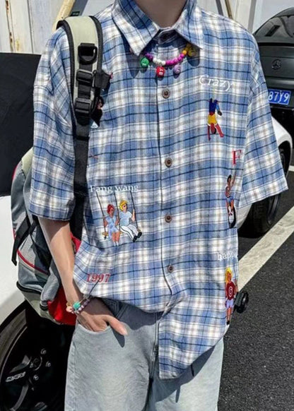 Classy Blue Plaid Print Button Cotton Men's Shirts Half Sleeve