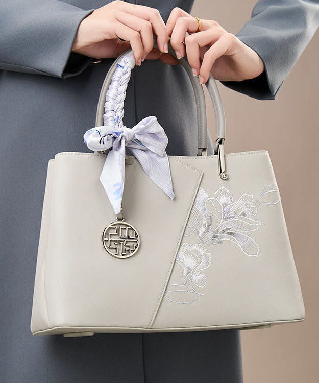 Leather Calf Bag Embroidery Grey Tote Classy
