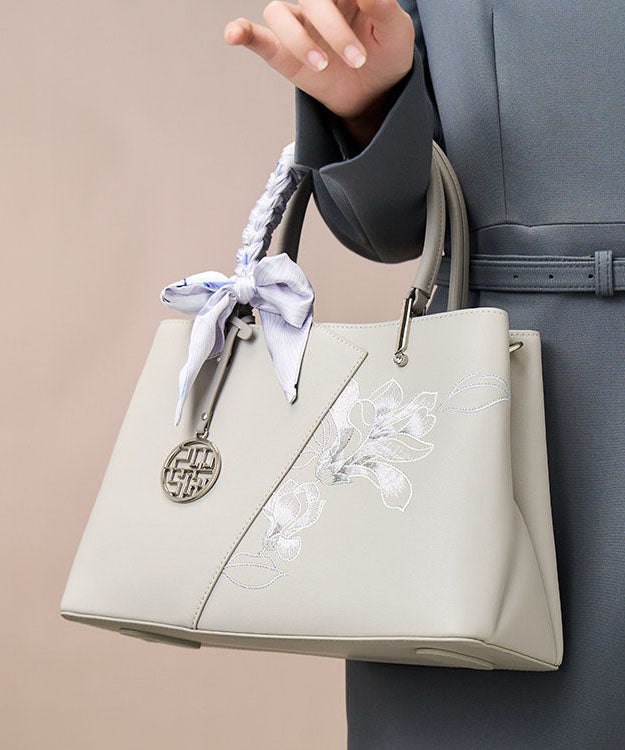 Leather Calf Bag Embroidery Grey Tote Classy