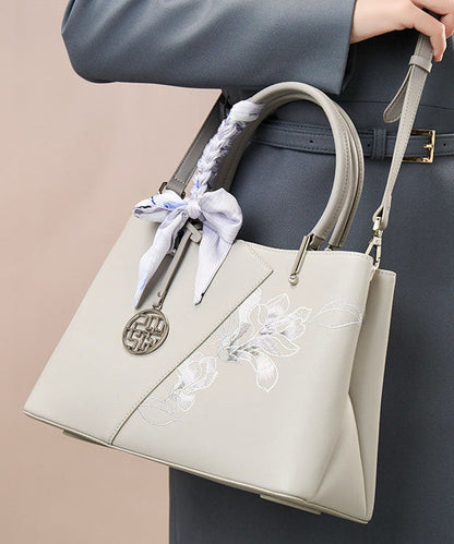 Leather Calf Bag Embroidery Grey Tote Classy