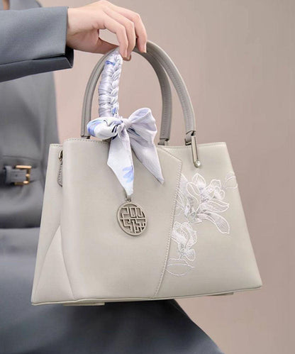 Leather Calf Bag Embroidery Grey Tote Classy