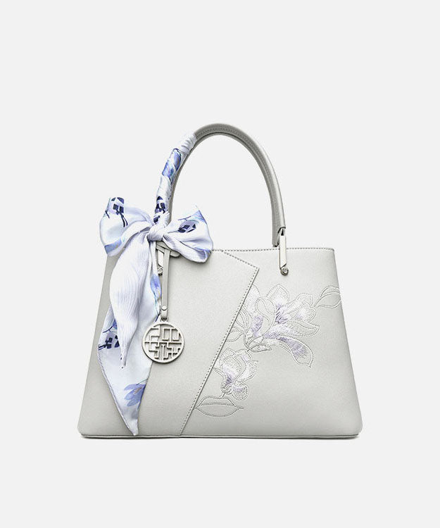 Leather Calf Bag Embroidery Grey Tote Classy
