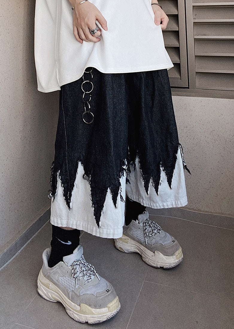 Cool Black Original Design Patchwork Denim Men Shorts Summer